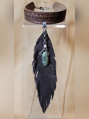 Boho Suede Feather & Moss Agate With Pearl Pendant Choker Necklace Artisian Made